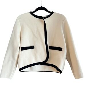 Cream Boucle Jacket Women's Black Trim Buttonless Sweater‎ Blazer